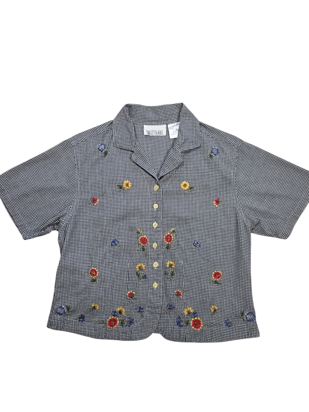 VINTAGE CASEY & MAX Gingham Shirt M Black White Floral Embroidery Cottagecore